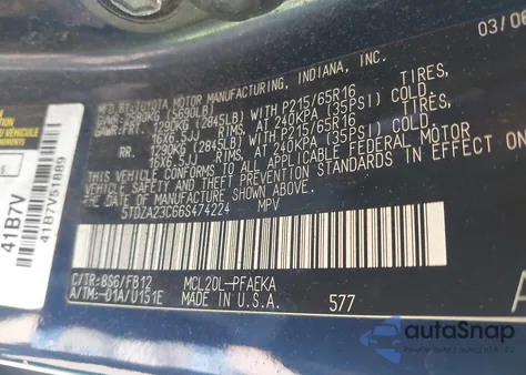 2006 Toyota Sienna Ce/Le из США, поврежденный, VIN 5TDZA23C66S474224